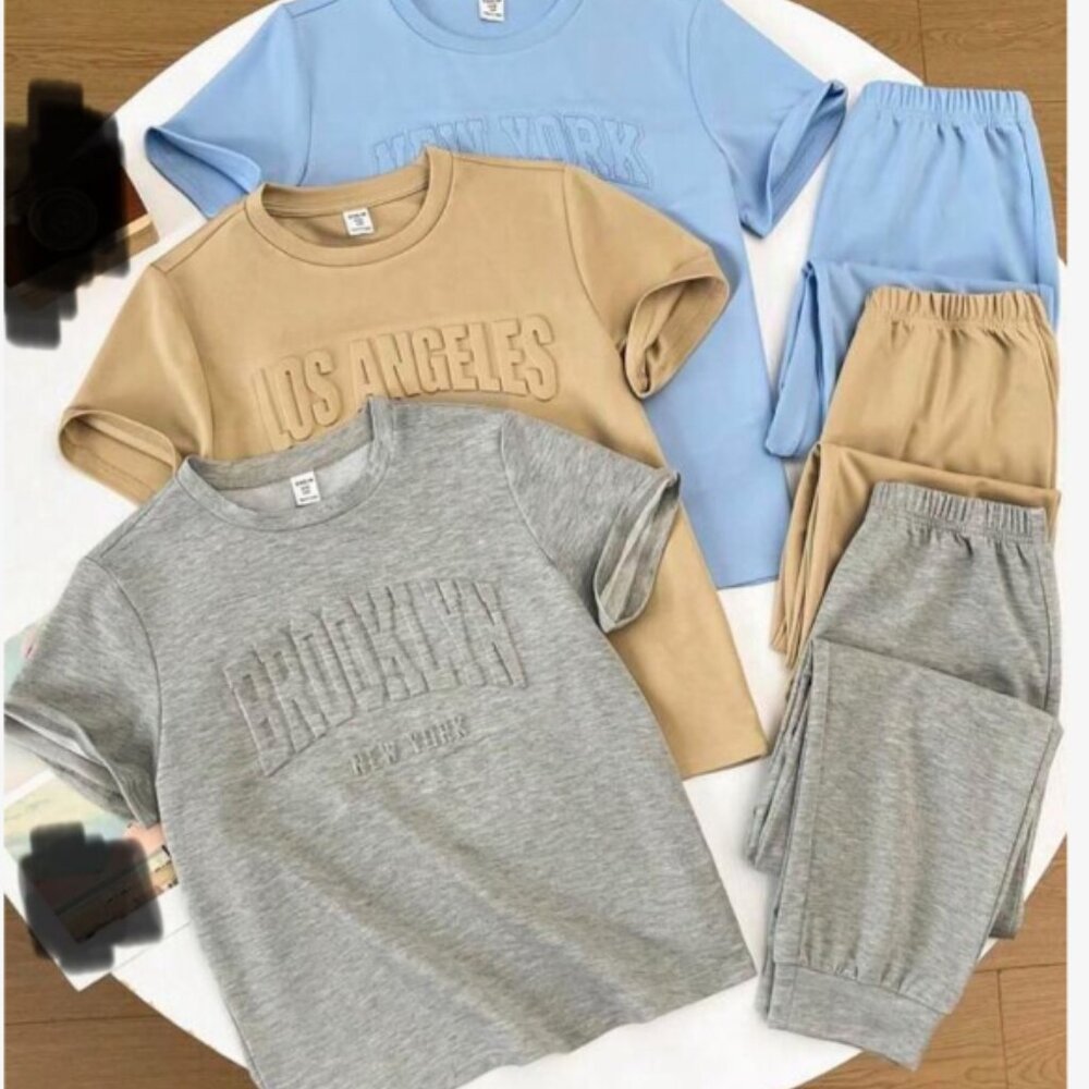 3pcs/Set Tween Boy Casual Versatile Letter Print Embossed Crew Neck Short Sleeve